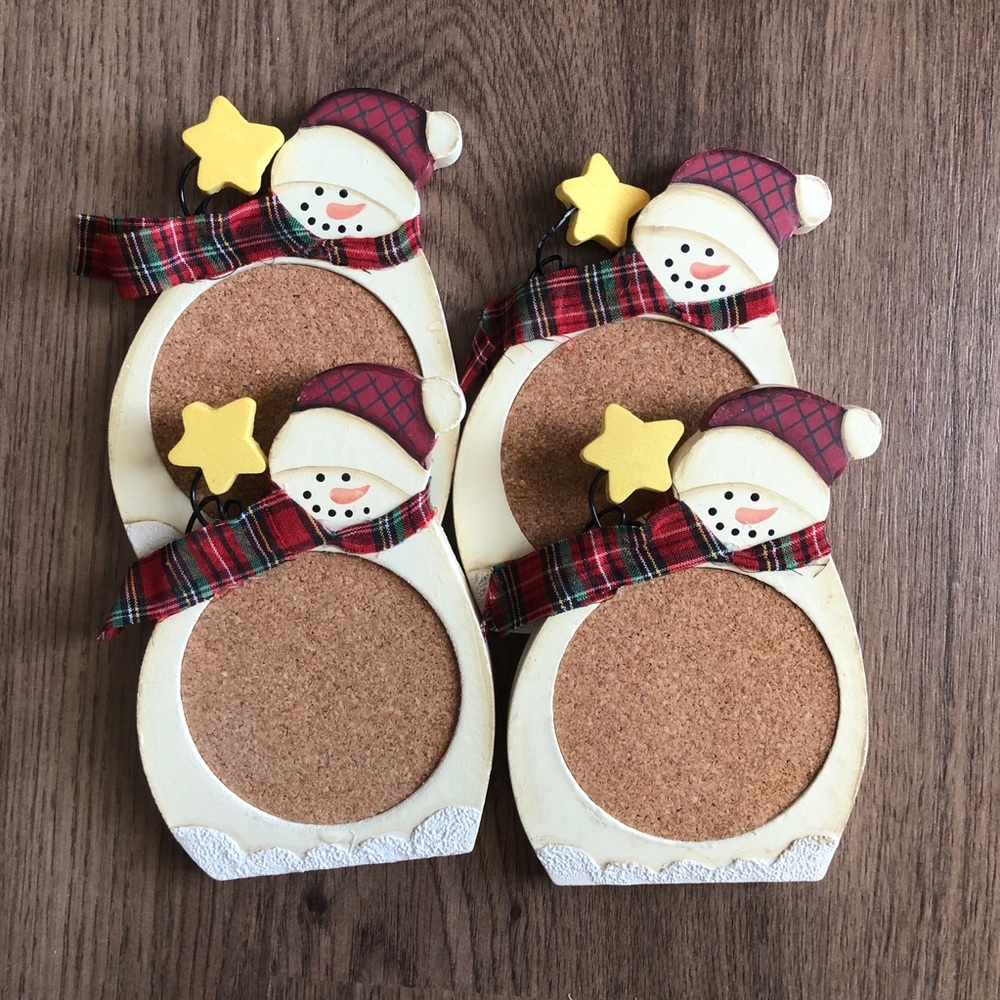 Snowman Cork Coasters Set Cute Festive Holiday Decor Winter